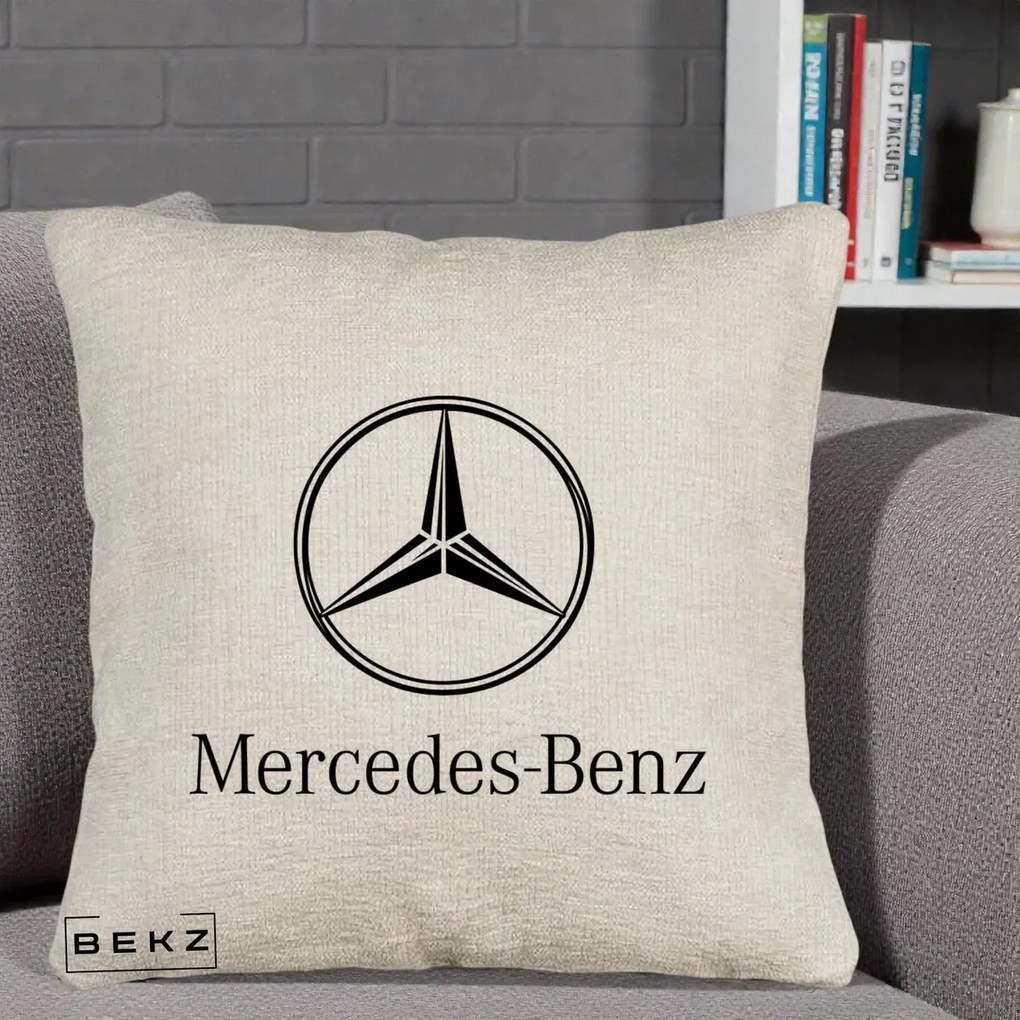 Perna Personalizata cu emblema Mercedes-Benz, 40x40 cm, Bej Canapea, Husa Detasabila, Perna Inclusa, BEKZ®