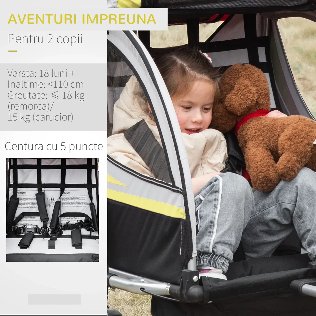 HOMCOM Remorca pentru bicicleta pentru copii 2 in 1, centura in 5 puncte, geanta de depozitare, reflector, steag, galben | Aosom Romania