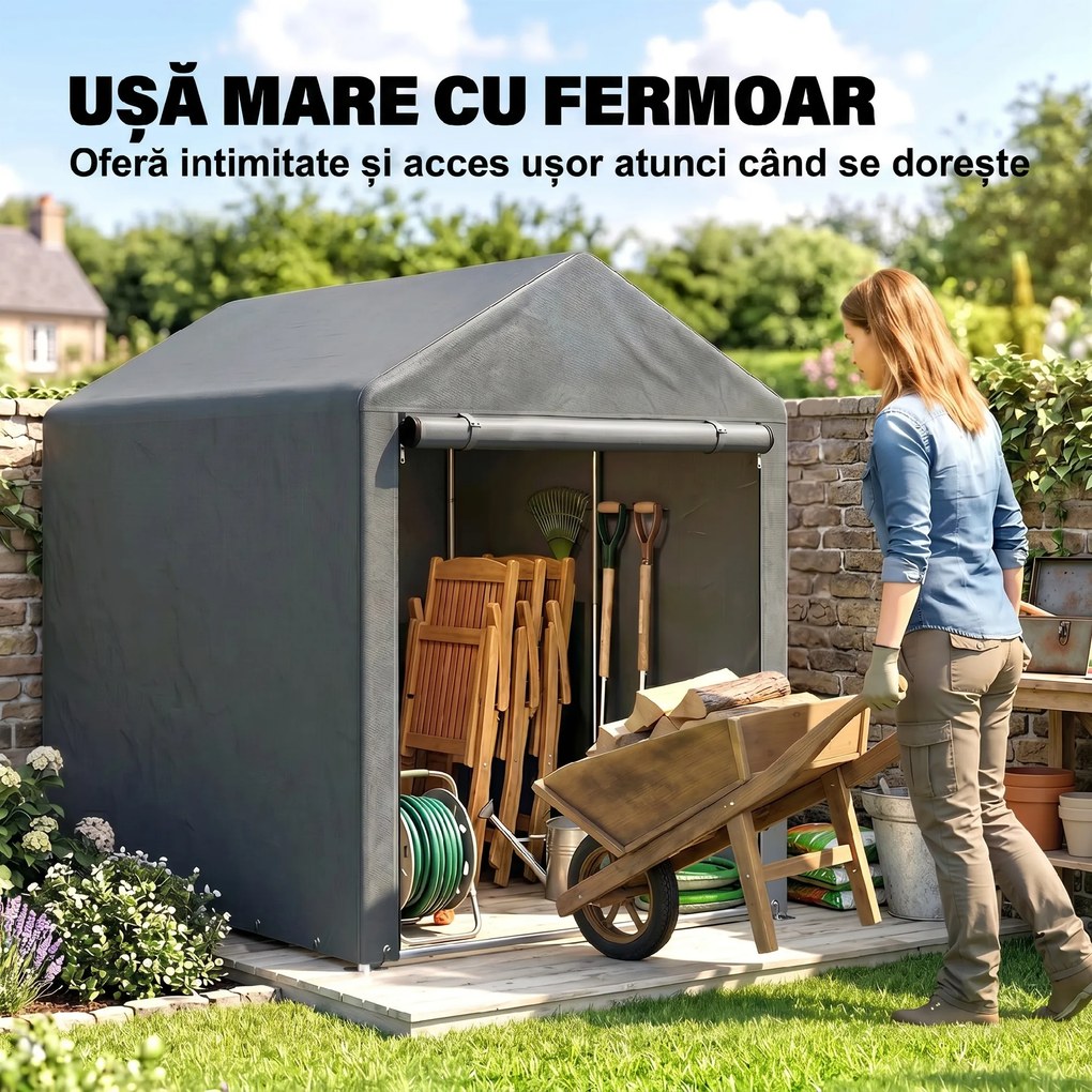 Outsunny Magazie pentru Scule cu Protecție UV și Intrare cu Fermoar, Cort de Garaj, 120x179x165 cm, Gri Închis | Aosom Romania