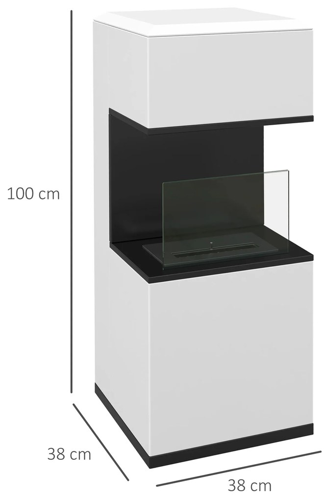 HOMCOM Semineu cu Bioetanol de Podea cu Arzator de 1.2L si Durata de 3 Ore, Biosemineu cu Panou din Sticla si Stingator, 38x38x100cm, Alb