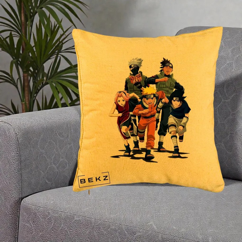 Perna Personalizata Naruto Echipa 7 Kakashi Sensei, 40x40 cm, Galben, Husa Detasabila, Perna Inclusa, BEKZ®