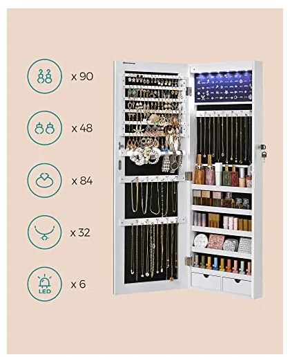 Dulap de bijuterii cu oglinda, Songmics, JJC99WT, Alb, 9,3 x 37 x 107 cm