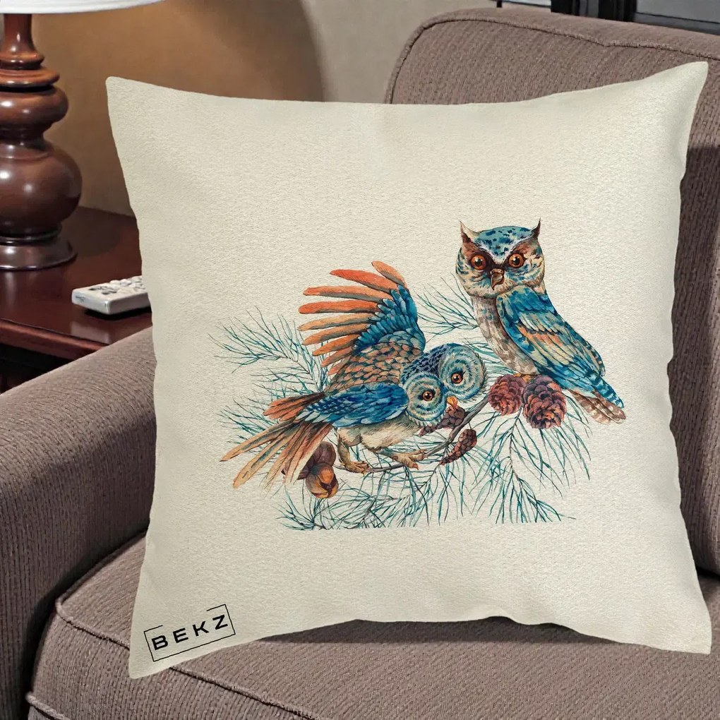 Perna Decorativa Bufnite de Iarna Albastre, 40x40 cm, Ecru, Husa Detasabila, Perna Inclusa, BEKZ®