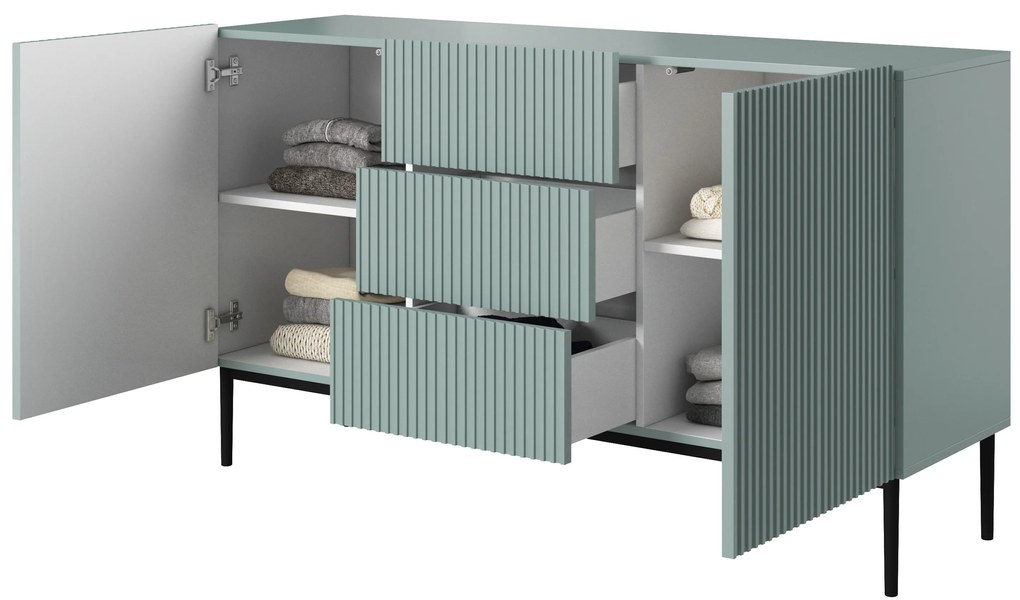Comodă Nicole 150 cm cu trei sertare - MDF salvie / picioare negre