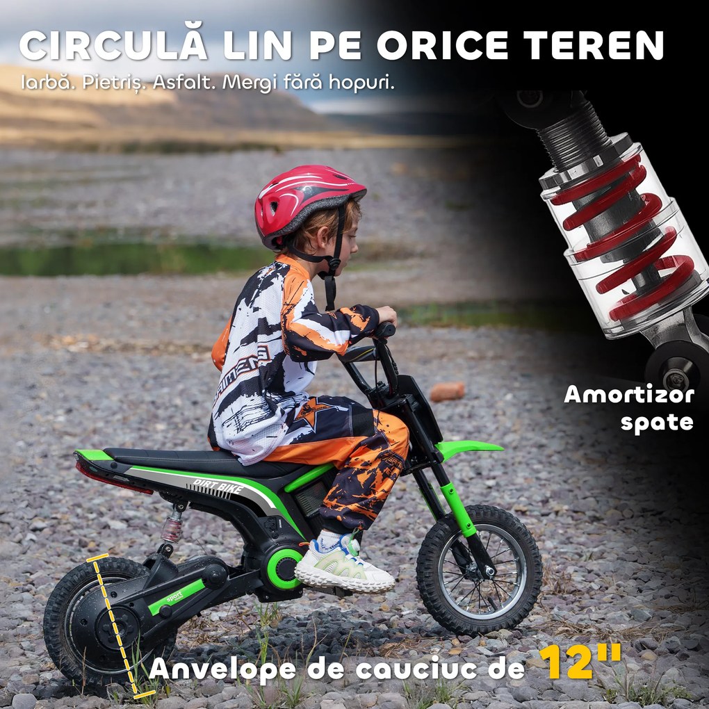 HOMCOM Motocicletă Electrică pentru Copii cu Accelerație Manuală, 2 Viteze, 8-16 km/h, Vârsta 8-12 Ani, Verde | Aosom Romania
