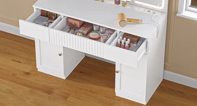 SEA816 - Set Masa toaleta 105 cm, cosmetica, machiaj, oglinda cu LED, masuta vanity, make-up - Alb / Negru