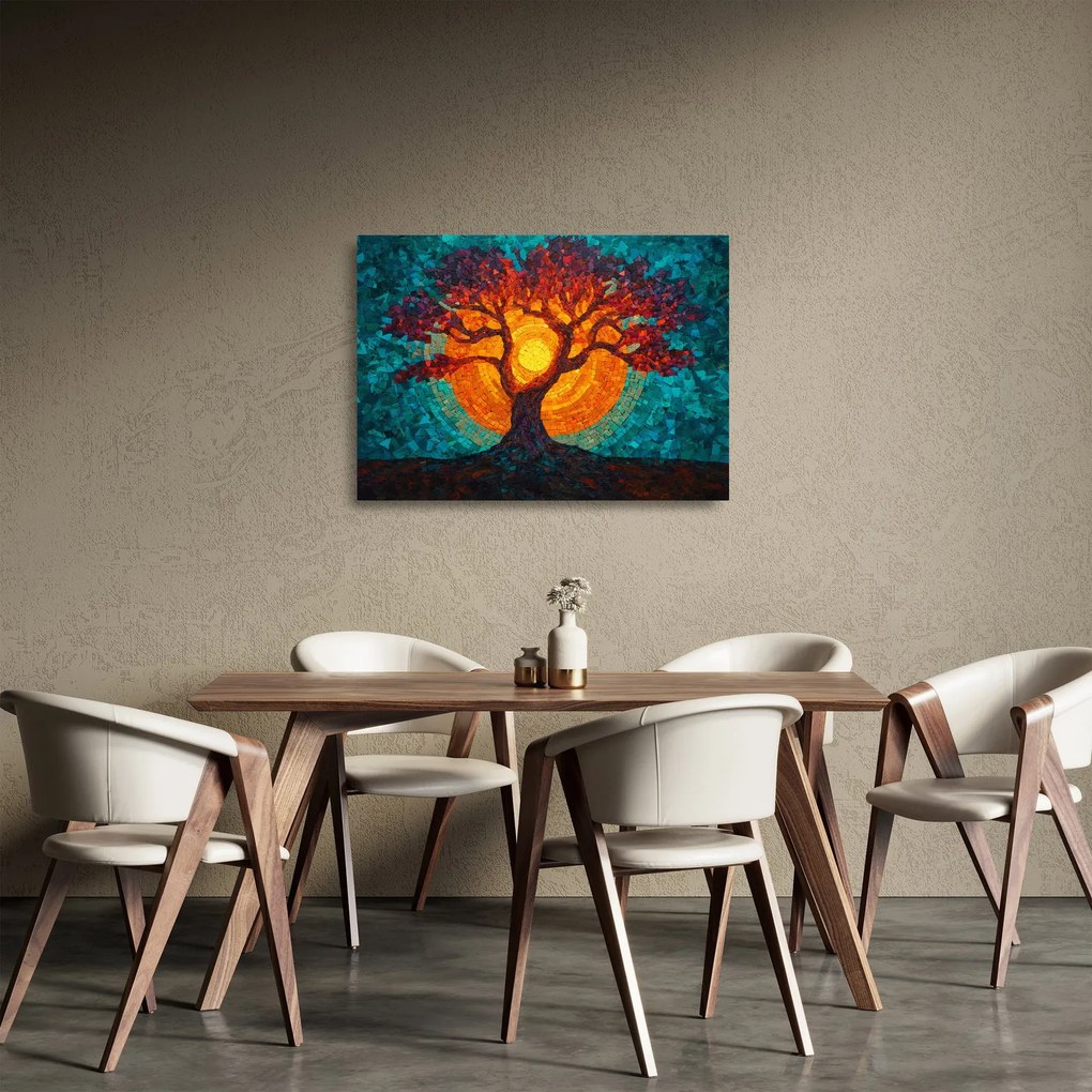 Tablou pe sticlă - Arborele vieții și soarele în mozaic (70x50 cm)