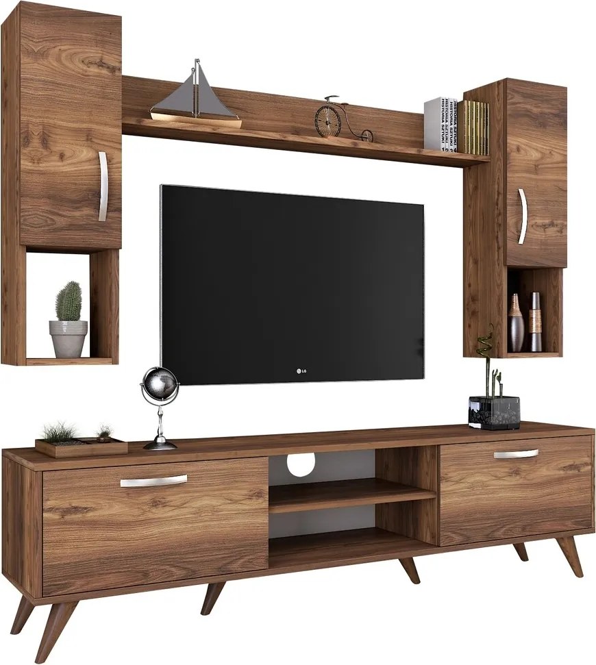 Comoda TV cu raft de perete si 2 cabinete M27 - 284, Wren, 180 x 35 x 48.6 cm/133 cm, walnut
