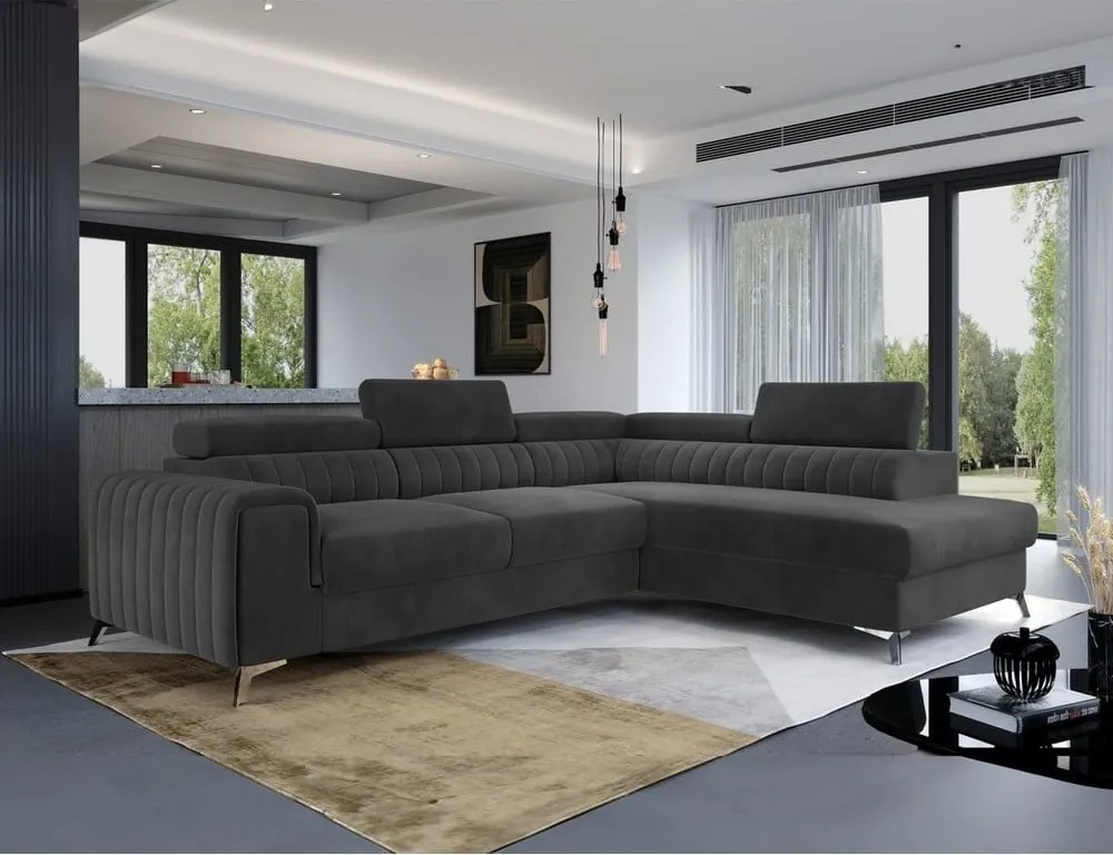 Colțar gri închis extensibil/cu spațiu de depozitare cu tapițerie din catifea (cu colț pe partea dreaptă/în formă de ”L”) Laurence – ELTAP