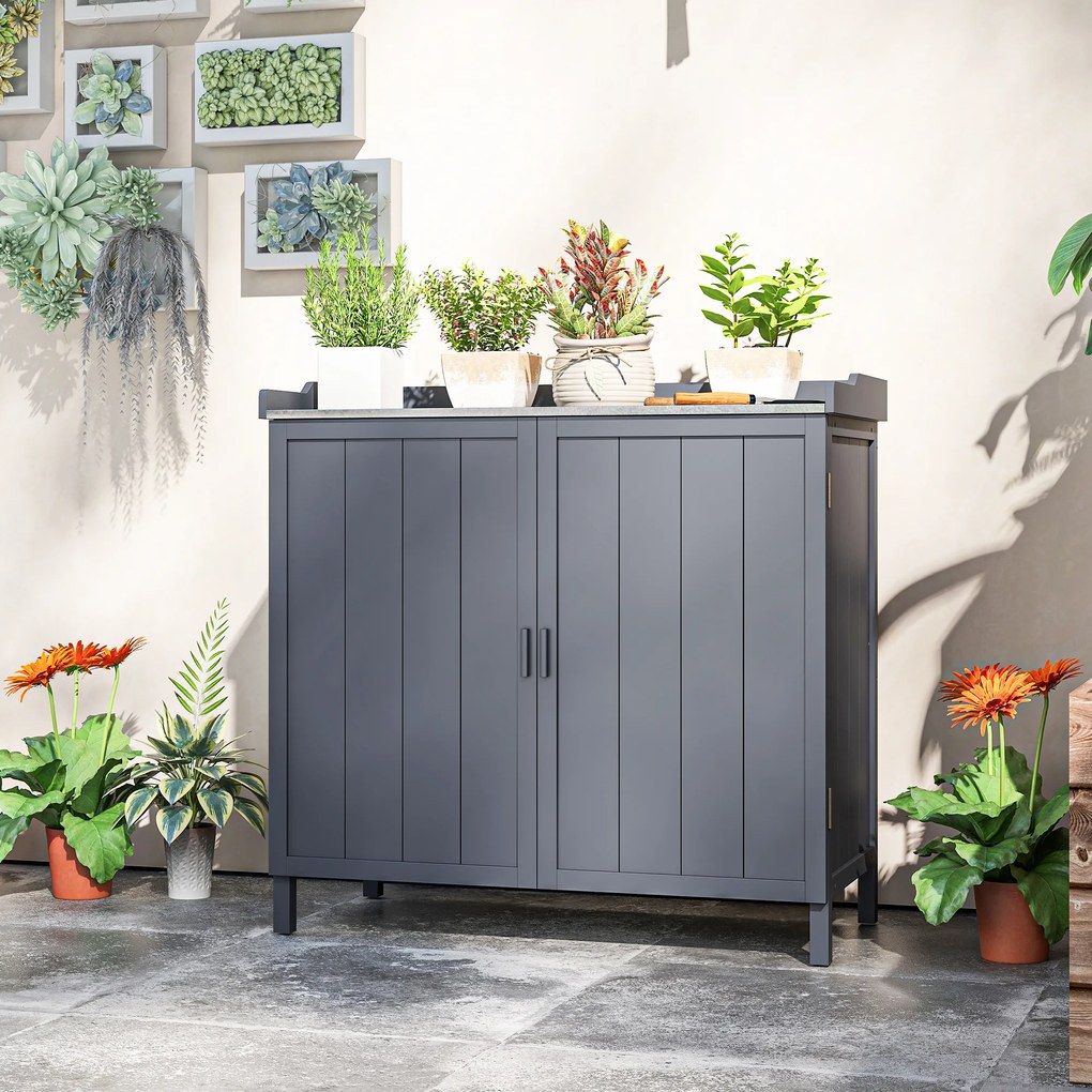 Outsunny Dulap pentru Exterior din Lemn de Brad cu Blat de Lucru din Metal Zincat si 2 Rafturi pentru Scule, 98x48x95.5 cm, Gri | Aosom Romania