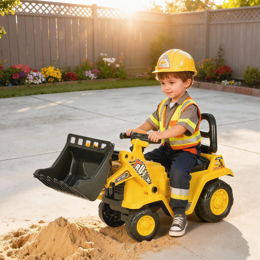 HOMCOM Excavator pentru Copii cu Cupă, Spătar și Spațiu de Depozitare Ascuns, Buldozer de Jucărie în PP și ABS, 80x26.5x39 cm, Galben și Negru | Aosom Romania