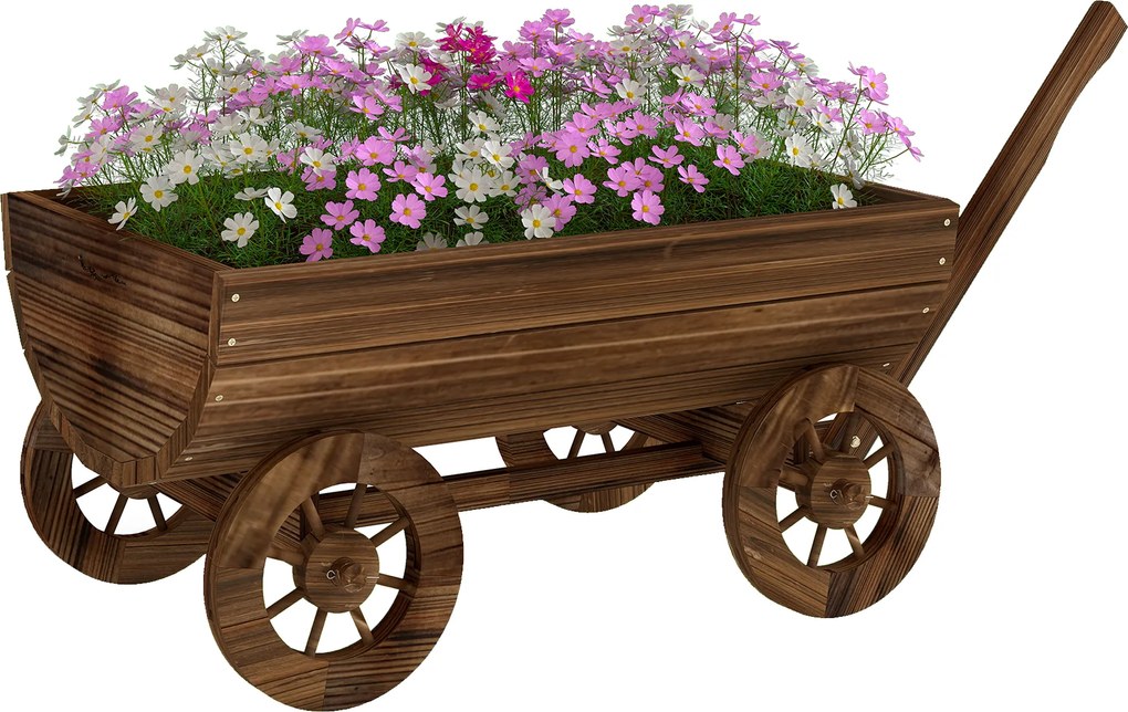 Outsunny Cărucior din lemn cu 4 roți și mâner Jardinieră exterioară cu orificiu de drenaj 115x40x54,5 cm Carbonizat | Aosom Romania