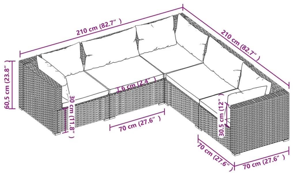Set mobilier de gradina cu perne, 5 piese, negru, poliratan negru si albastru acvatic, 2x mijloc + 3x colt, 1