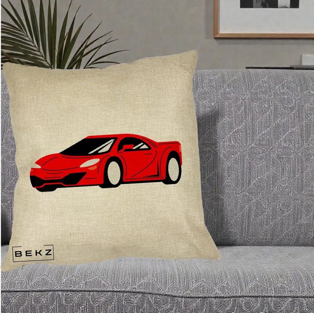 Perna Personalizata Masina Sport Rosie Grafic, 40x40 cm, Crem, Husa Detasabila, Perna Inclusa, BEKZ®
