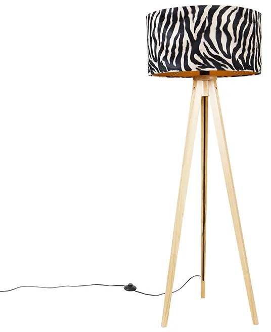 Lampa de podea din lemn cu abajur din material textil cu imprimeu zebră 50 cm - Tripod Classic