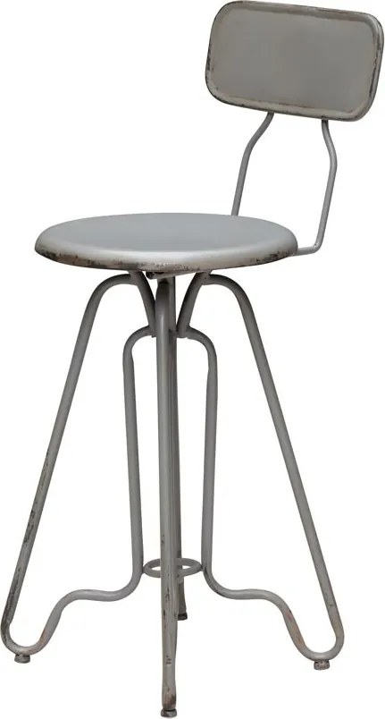Scaun de bar vintage pentru insulă din fier, gri, cu spătar, finisaj patinat, 88 x 35 x 41 cm, „Valéry”