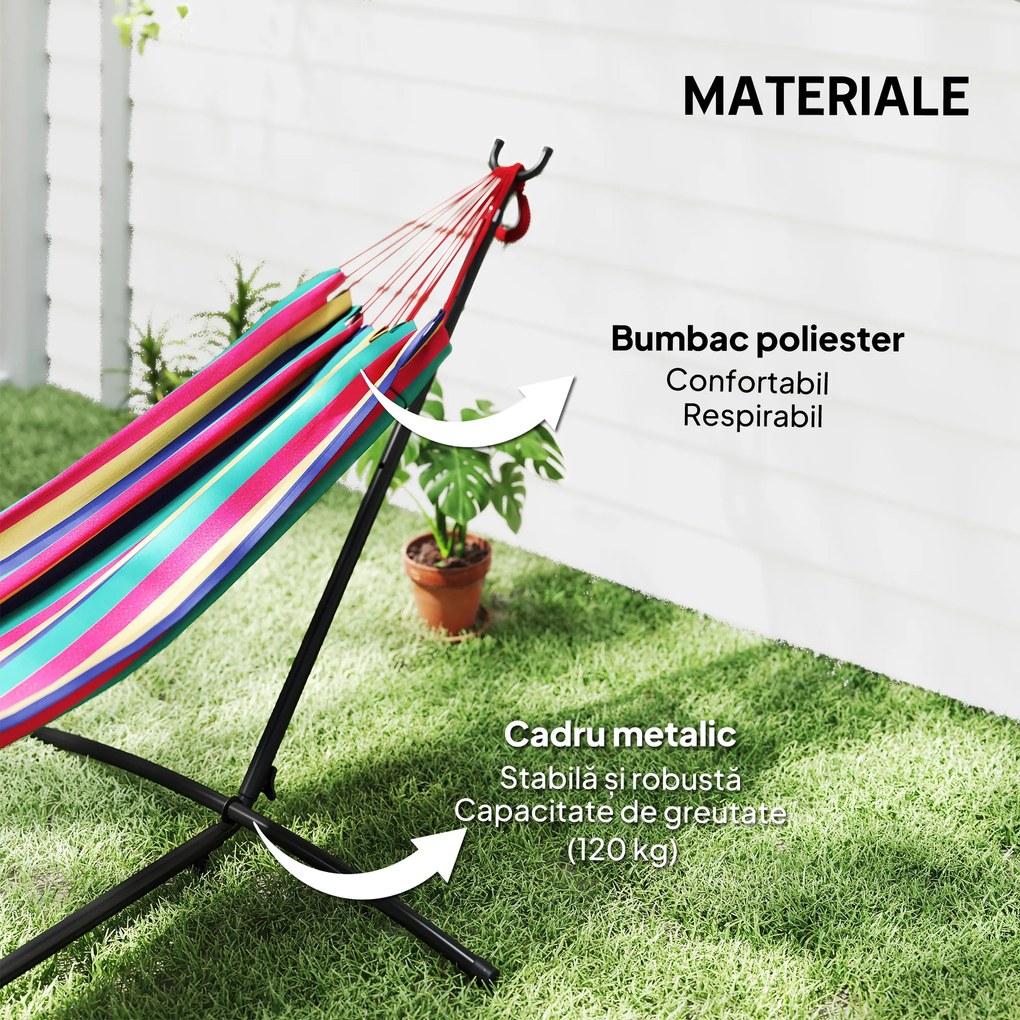 Outsunny Hamac cu Suport 310x117 cm pentru Camping cu Înălțime Reglabilă și Geantă de Transport, Capacitate 120 kg, Dungi Portocalii și Roșii | Aosom Romania
