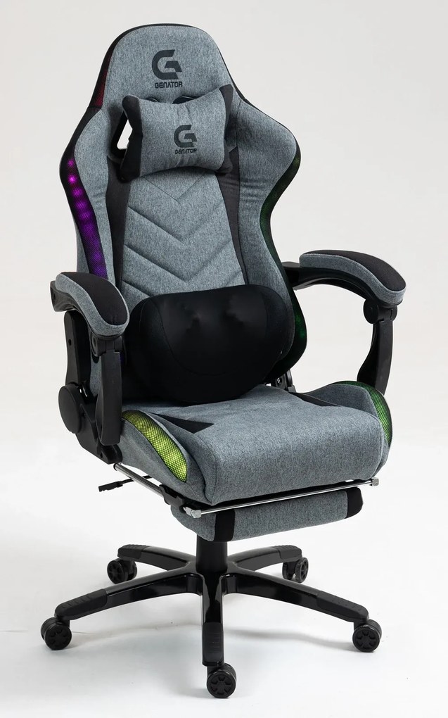 Scaun gaming, Masaj cu Role in perna lombara, Sistem iluminare banda LED RGB, Boxe Bluetooth, funcție șezlong, 90-155 grade, sezut benzi elastice sustinere, suport picioare, Textil, Gri/Negru