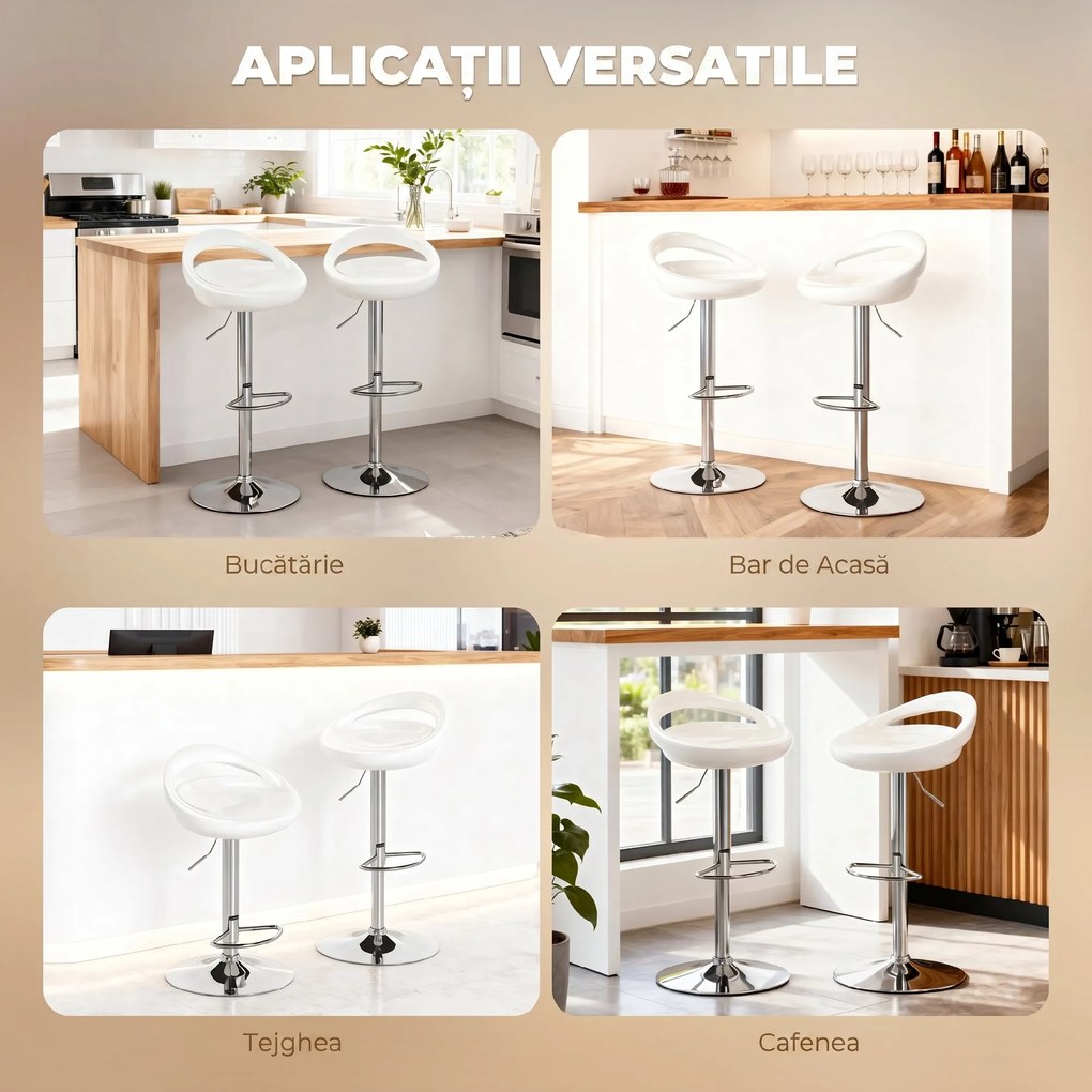 HOMCOM Set 2 Scaune de Bar Rotative cu Suport pentru Picioare și Înălțime Reglabilă, 46x41x76-96 cm, Alb | Aosom Romania