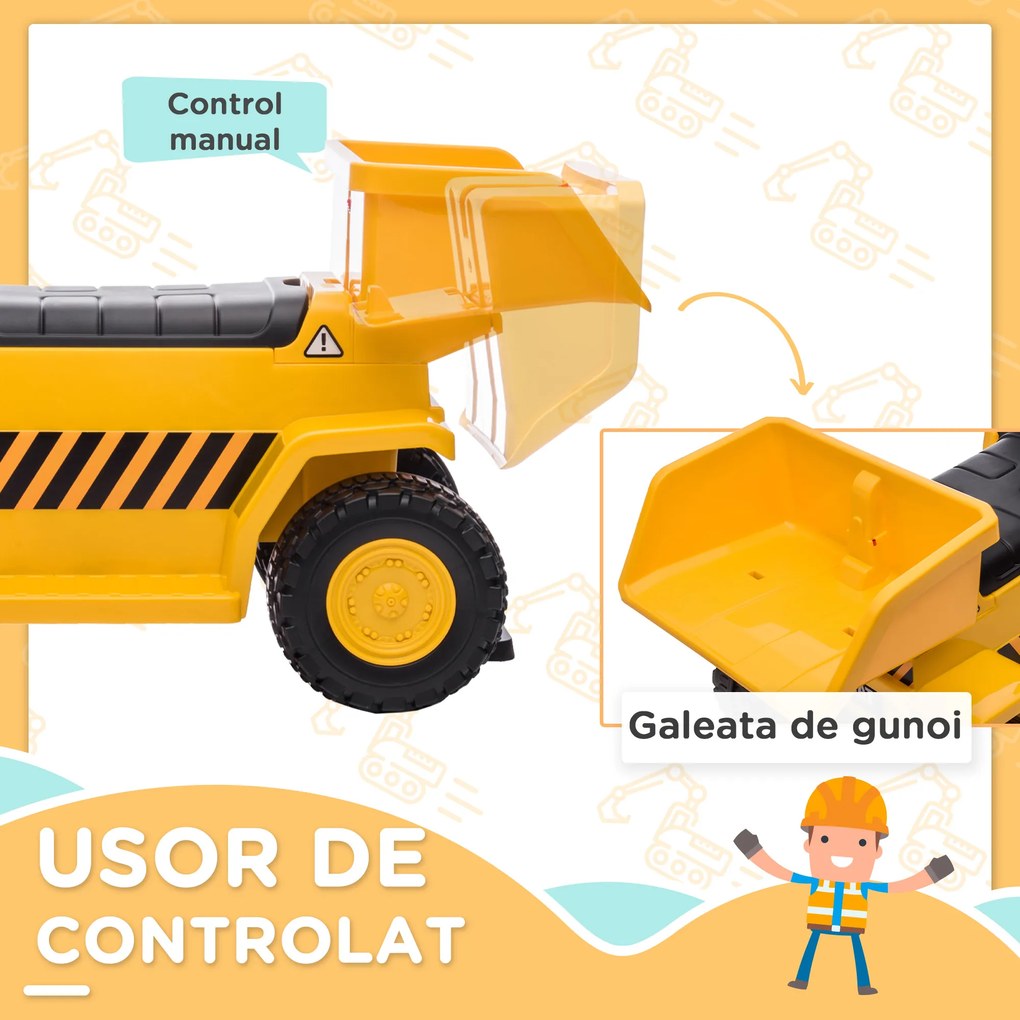 HOMCOM Camion Jucarie Electric cu Licenta CAT, Faruri si Efecte Sonore pentru Copii 18-36 Luni, 74.5x36x43.5 cm, Galben si Negru