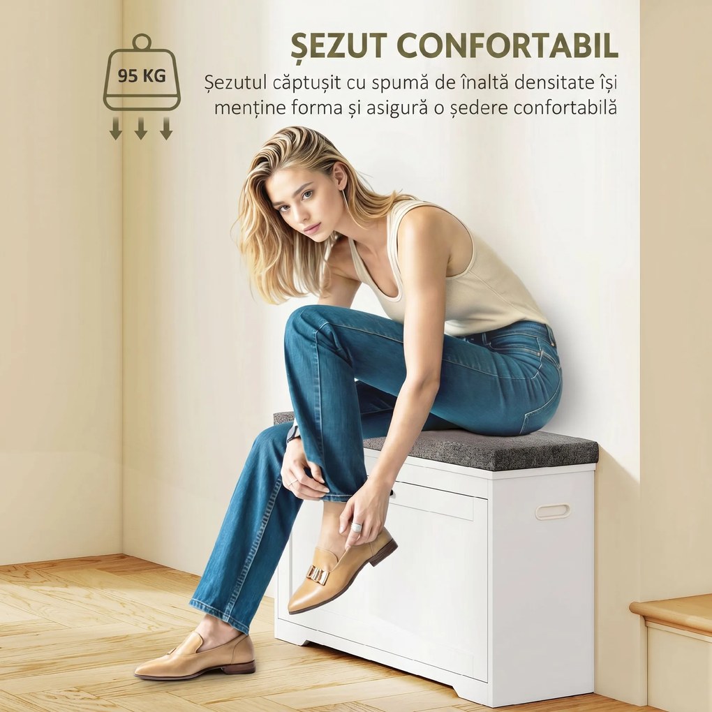 HOMCOM Bancă pentru Încălțăminte pentru Hol, cu Șezut Tapițat, Ușă Rabatabilă și Poliță Reglabilă, pentru 6-8 Perechi, Alb | Aosom Romania