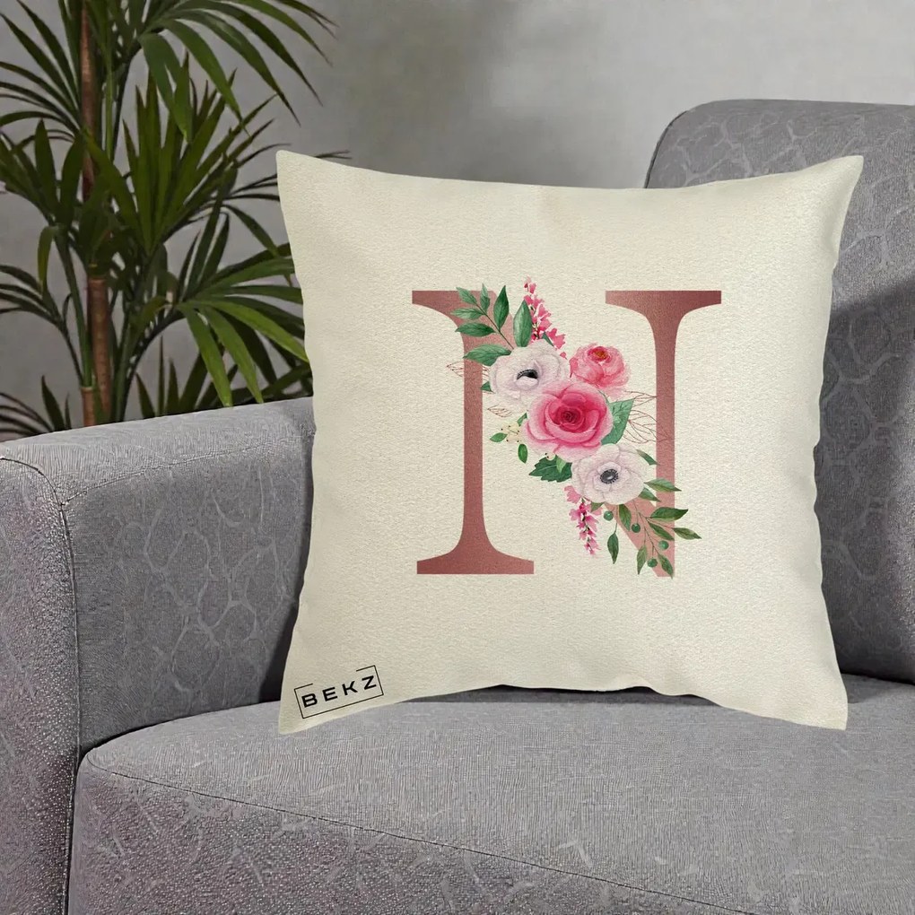 Cadou Personalizat - Perna Personalizata Monograma Rose Gold Litera N, 40x40 cm, Ecru, Husa Detasabila, Perna Inclusa, BEKZ®