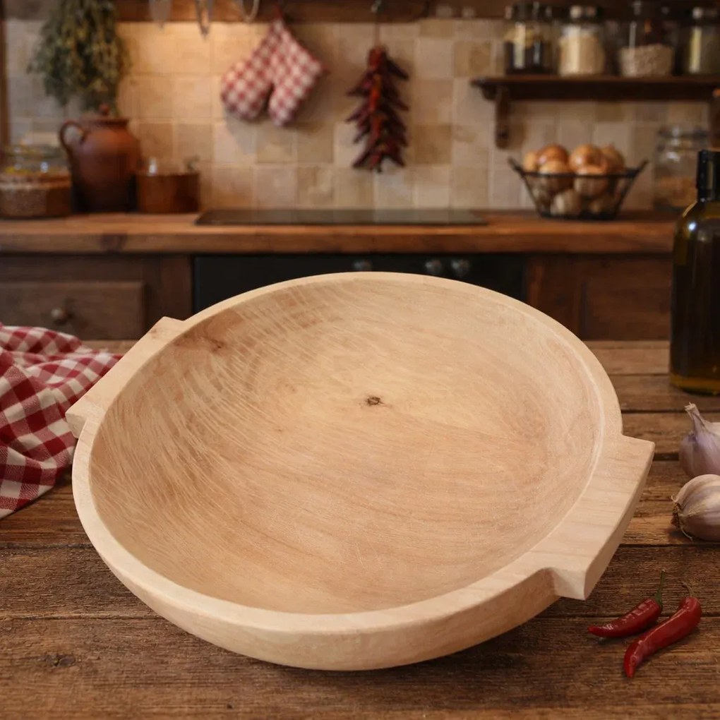 Covata din lemn pentru aluat cu manere ,   model traditional, lucrata manual