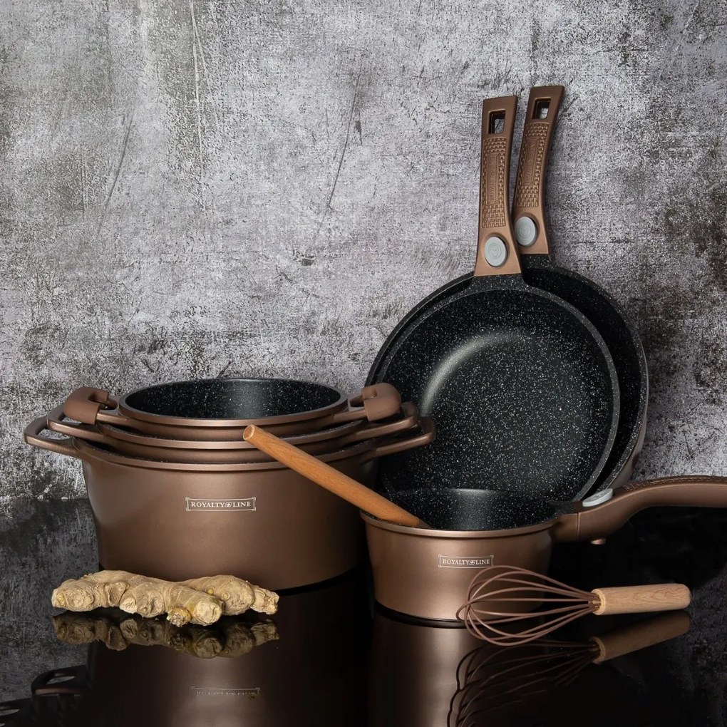Set oale si tigai cu capace 17 piese Royaly Line ES 2014M, maro, antiaderente, marmorate, inductie, manere detasabile