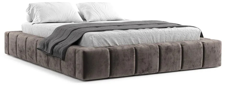 Pat matrimonial maro tapițat cu spațiu de depozitare cu somieră 160x200 cm Aruba L – Maison de Rêve