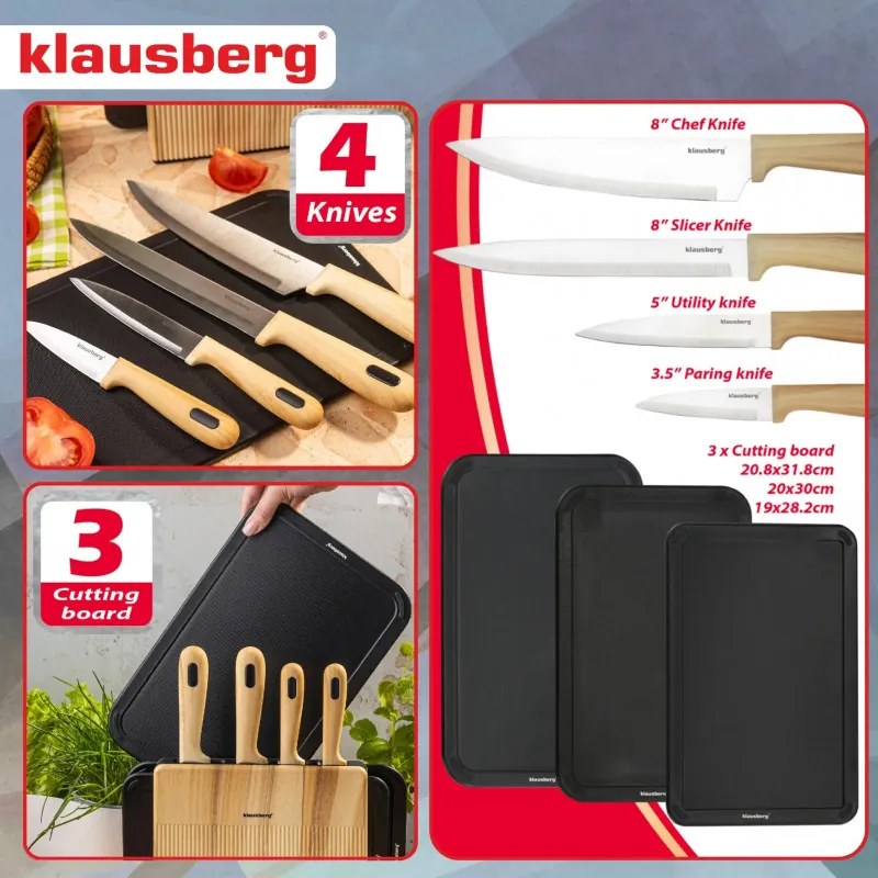 Set de cuțite și tăvi de tăiat Klausberg KB 9037, 8 piese, oțel inoxidabil, suport, maro/negru