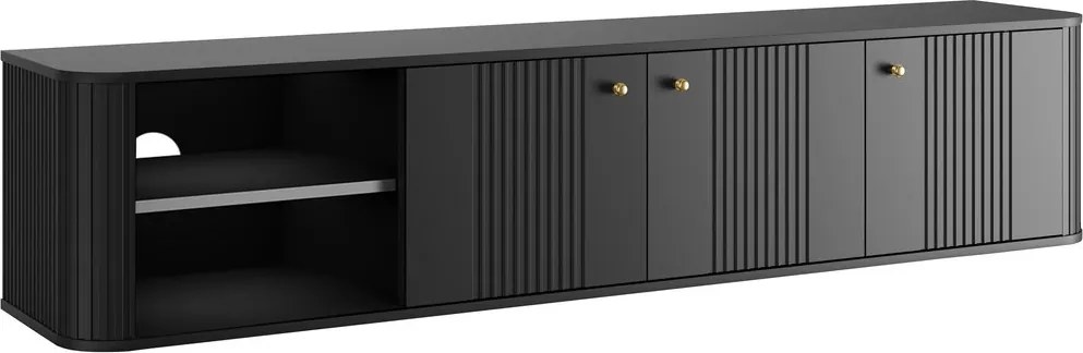 Comodă TV suspendată Vesper 187 cm cu 3 uși - negru / mânere aurii