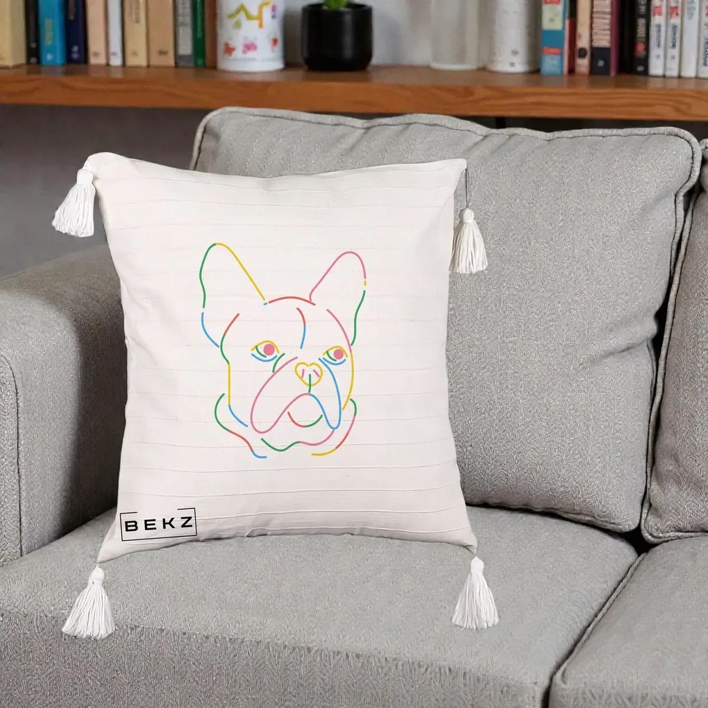 Perna Decorativa Bulldog Francez Line Art Curcubeu, 40x40 cm, Bej cu Franjuri, Husa Detasabila, Perna Inclusa, BEKZ®