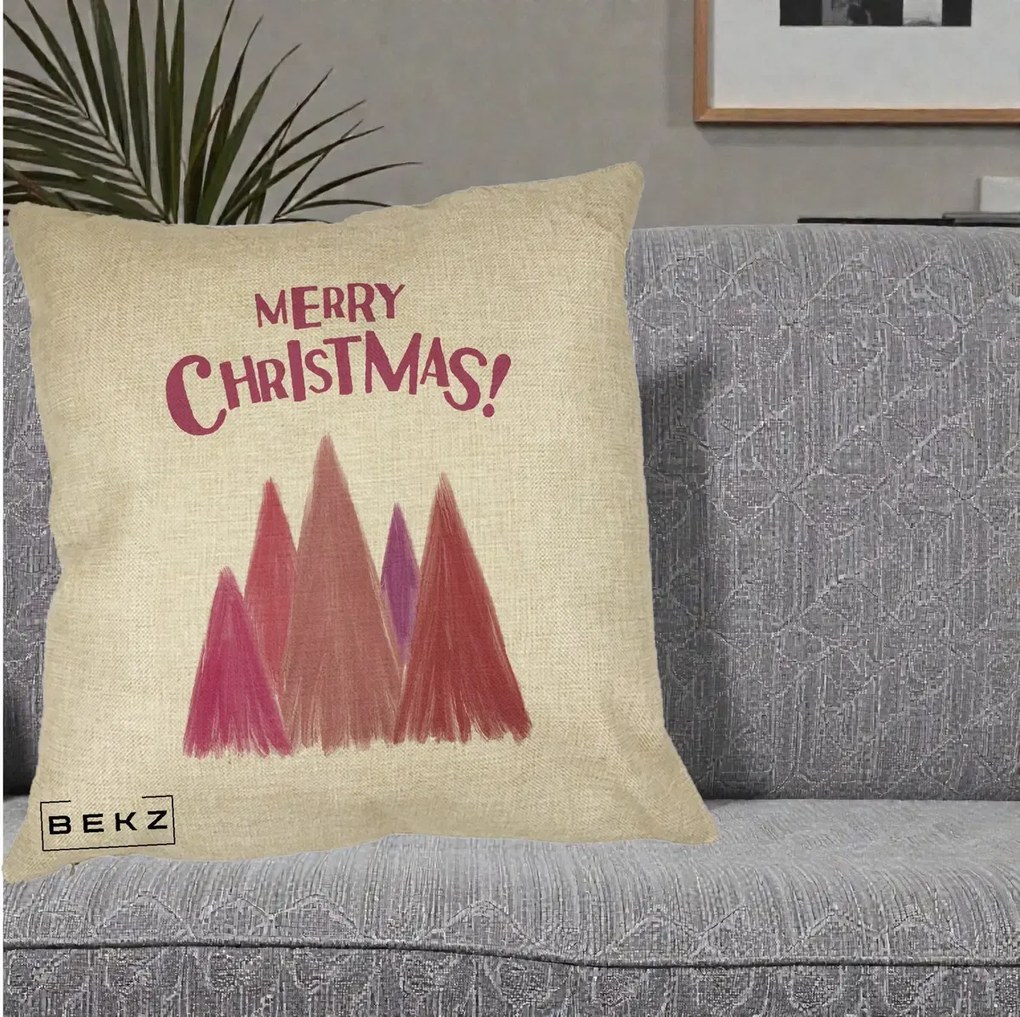 Perna Decorativa Merry Christmas Brazi Roz, 40x40 cm, Crem, Husa Detasabila, Perna Inclusa, BEKZ®