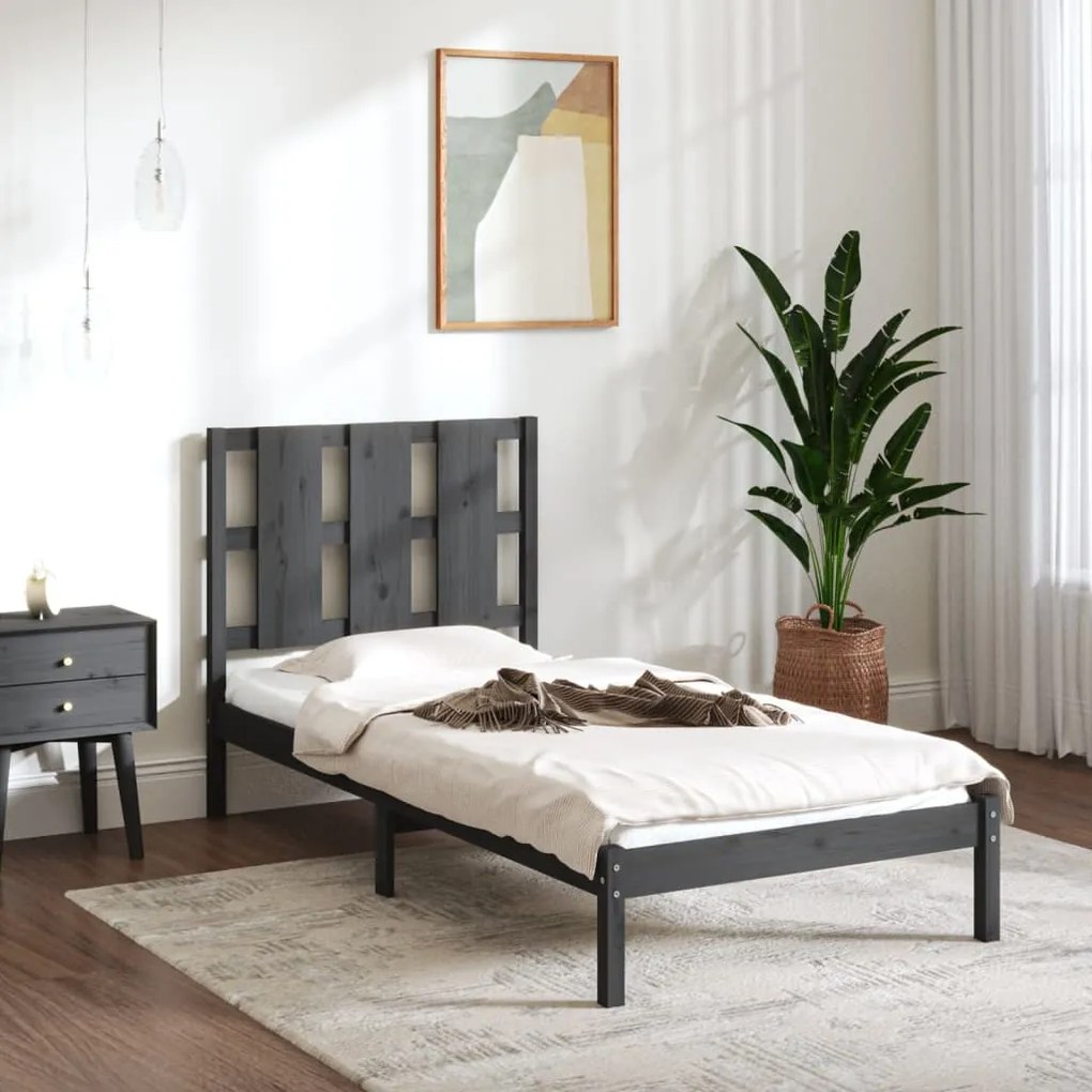 3105567 vidaXL Cadru de pat single, gri, 90x190 cm, lemn masiv