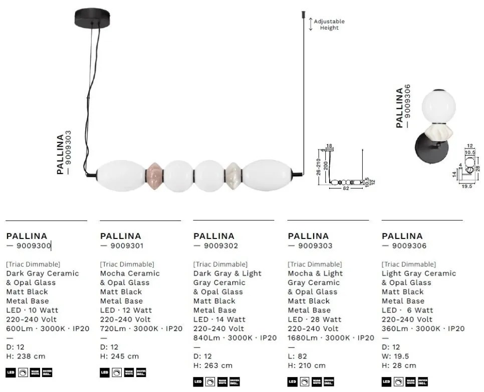 Pendul LED decorativ ceramic mocha, gri, alb, PALLINA