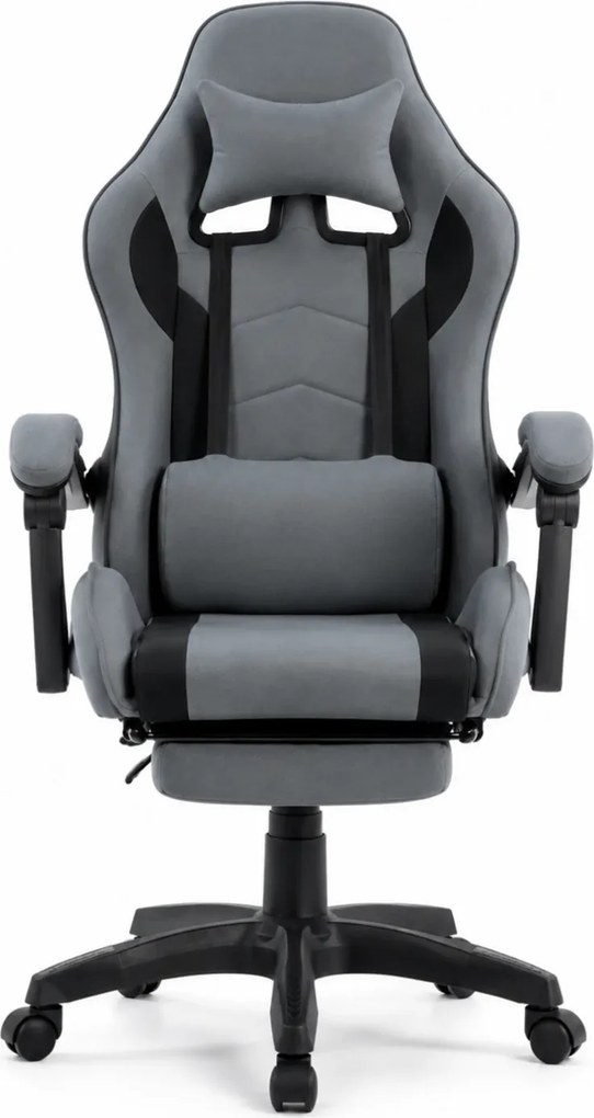 Scaun gaming, masaj în perna lombară, suport picioare, textil, Gri