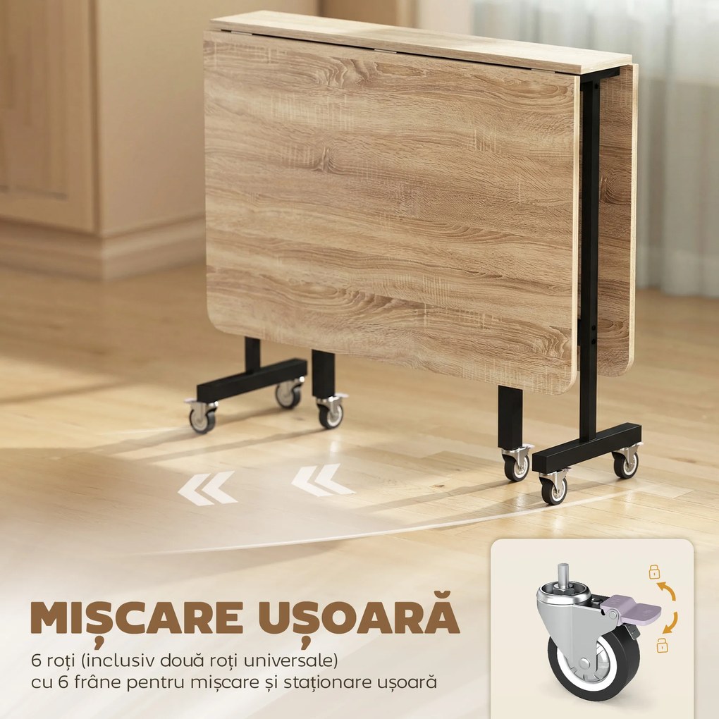 HOMCOM Masă Pliabilă pentru Dining, Masă de Bucătărie Extensibilă cu Roți și Frâne, pentru 4-6 Persoane, Birou Rabatabil cu Structură din Oțel, pentru Living, 120x80x73 cm, Stejar | Aosom Romania