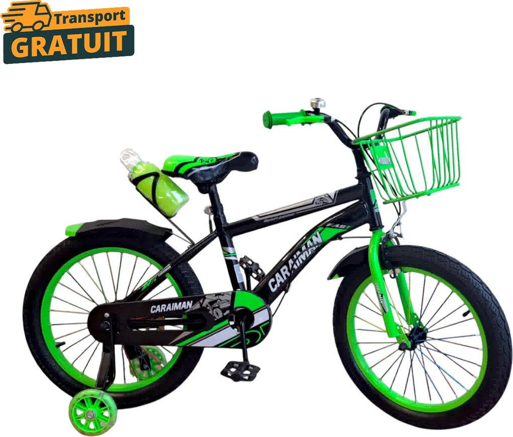 Bicicleta copii Caraiman 18 inch, roti ajutatoare, cos fata si bidon apa, verde