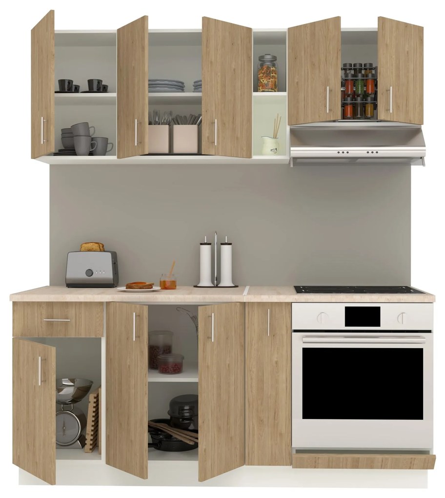 Set Bucatarie Karo V9, Lemn Natural/Alb, Blat Thermo 28 mm, L 180 cm