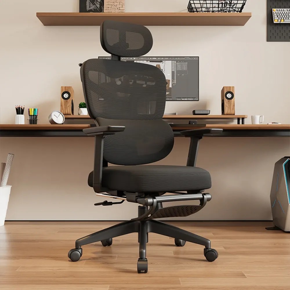 Scaun ergonomic, Sezut Translatie, Cotiere 6D, Tetiera 6D, Suport Lombar Adaptiv, Spătar reglabil inaltime, pivotant, suport picioare, sezut buretat, Negru