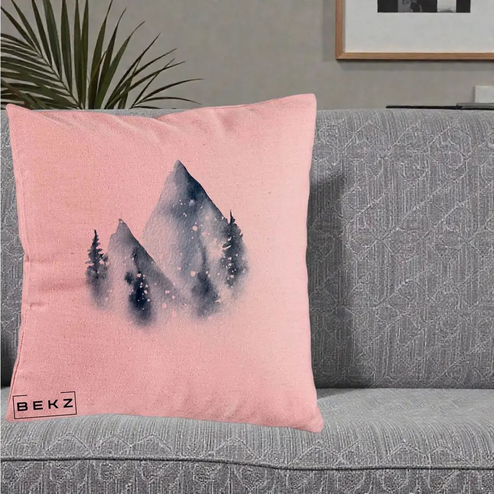 Perna Decorativa Munti Inzapeziti Acuarela Indigo, 40x40 cm, Roz, Husa Detasabila, Perna Inclusa, BEKZ®