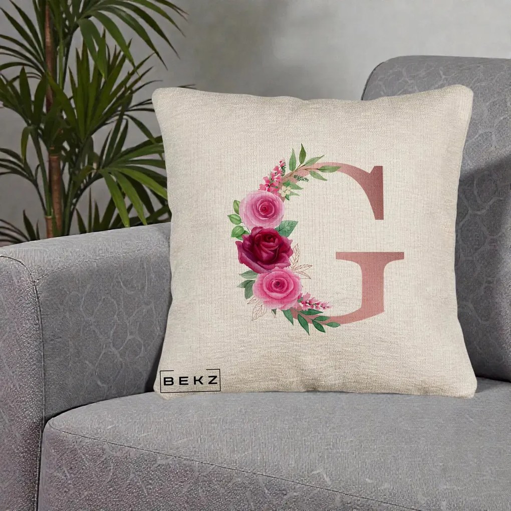 Cadou Personalizat - Perna Personalizata Monograma Rose Gold Litera G, 40x40 cm, Bej Canapea, Husa Detasabila, Perna Inclusa, BEKZ®