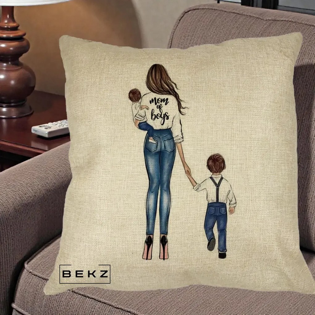 Cadou pentru Mama - Perna Personalizata Mom of Boys Mama cu Baietii, 40x40 cm, Crem, Husa Detasabila, Perna Inclusa, BEKZ®