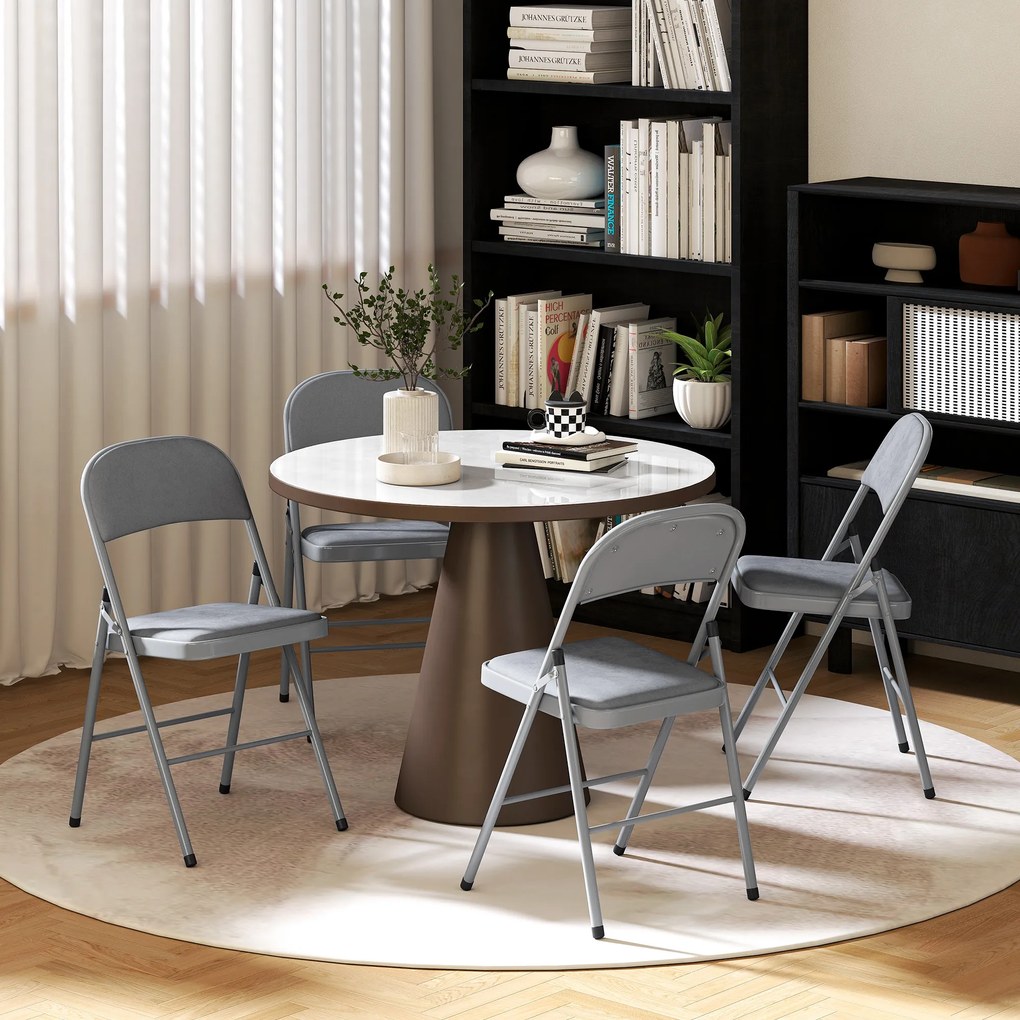 HOMCOM Set de 4 scaune pliante și portabile interior cu șezut și spătar tapitate în catifea, cadru din oțel, gri deschis | Aosom Romania