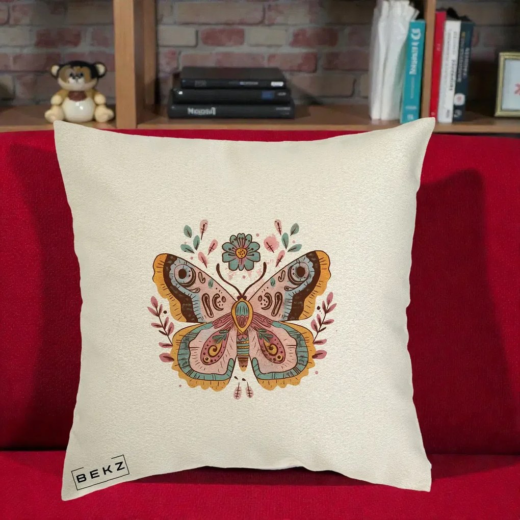 Perna Decorativa Fluture Boho Floral, 40x40 cm, Ecru, Husa Detasabila, Perna Inclusa, BEKZ®