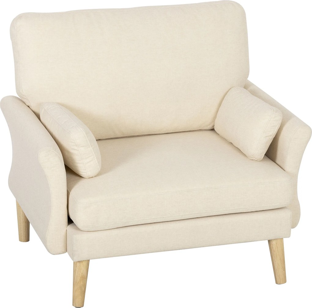 HOMCOM Fotoliu tapițat catifelat, scaun accent supradimensionat cu picioare din lemn, fotoliu pentru living și dormitor, alb crem | Aosom Romania