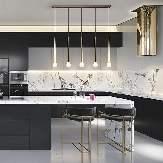 Lustra cu 5 pendule design modern Komet auriu/ cafeniu