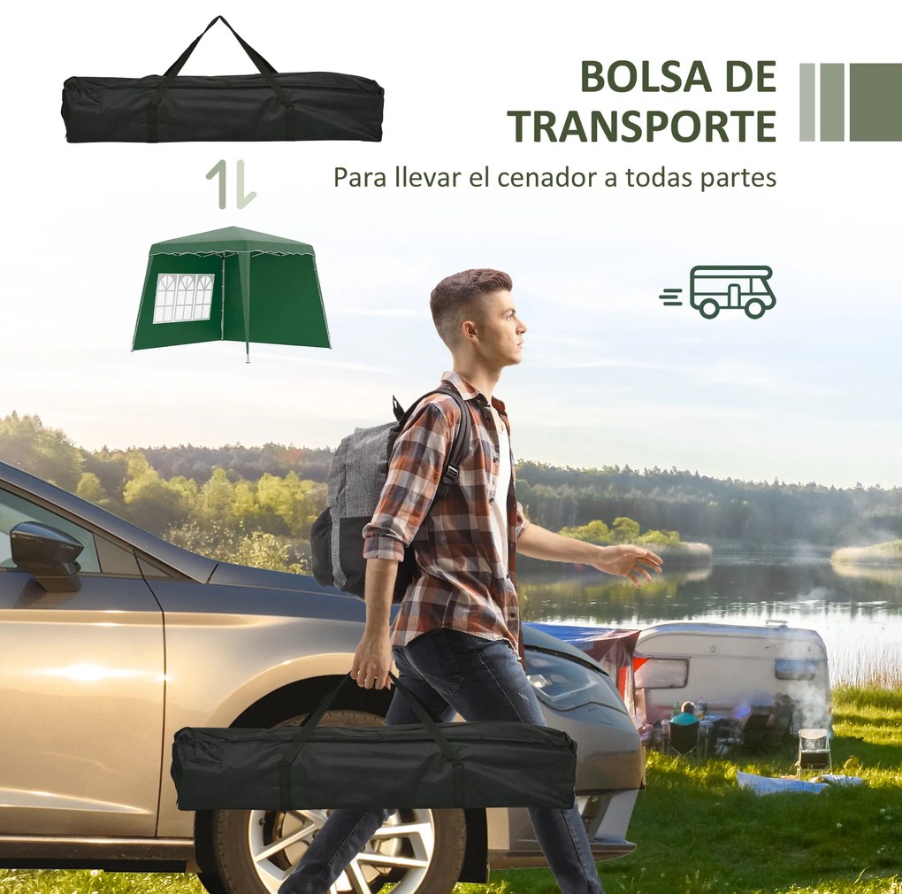 Outsunny Cort Pliabil cu 2 Pereți Laterali 2,89x2,89m Pavilion de Grădină cu Înălțime Reglabilă Protecție UV50+ Verde | Aosom Romania