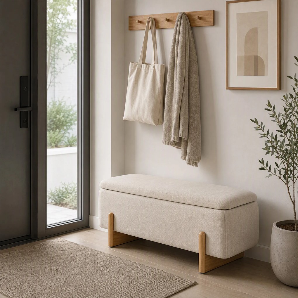 HOMCOM Banchetă cu Depozitare 111x44x44,5 cm, Șezut Tapițat, Material cu Efect de In, Picioare din Lemn, 150 kg, Crem | Aosom Romania