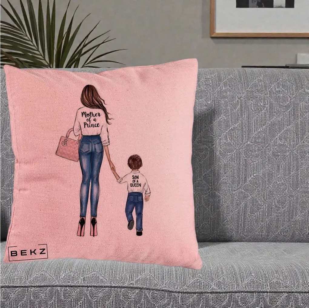 Cadou pentru Mama - Perna Personalizata, Model Mother of a Prince, 40x40 cm, Roz, Husa Detasabila, Perna Inclusa, BEKZ®